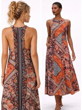 Organic Cotton Bohemian Patchwork Print Long Maxi Dress w/ Pockets | 4 Seasons L